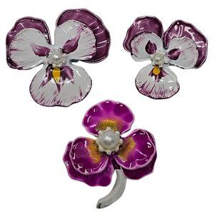 Vintage 80s Enamel Pansy Flower Brooch Set Purple White Floral Lapel Pins Bundle
